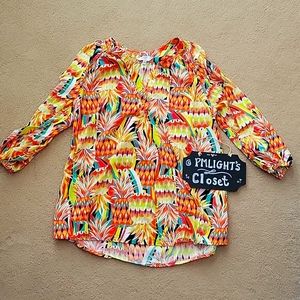 Crown & Ivy Blouse XS Pineapple V-Neck Orange Yellow Teal White